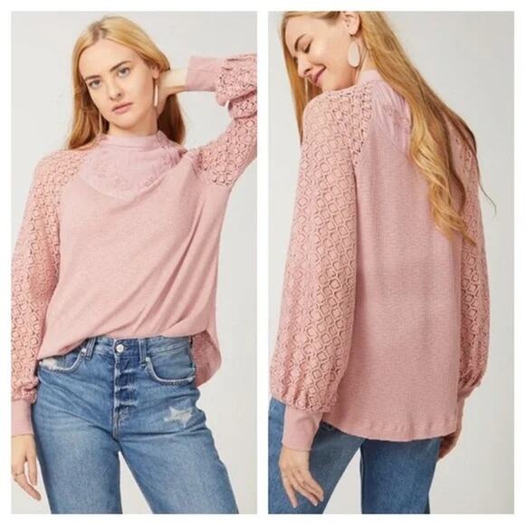 Free People Women Sweetest Thing Lace Sleeve Thermal Top Blush Size Small - Picture 1 of 6